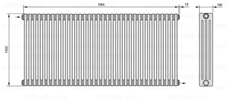 Схема (чертеж) Радиатор Zehnder Charleston 4150/34 №1670 Белый глянцевый RAL 9016